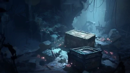 An atmospheric fantasy scene featuring treasure chests in a dimly lit ruin, surrounded by scattered debris and soft glowing lights, makes an intriguing HD desktop wallpaper.