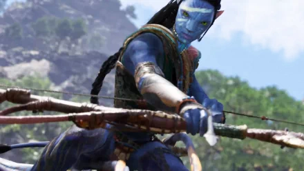 HD wallpaper of a Na'vi character wielding a bow in the game Avatar: Frontiers of Pandora.