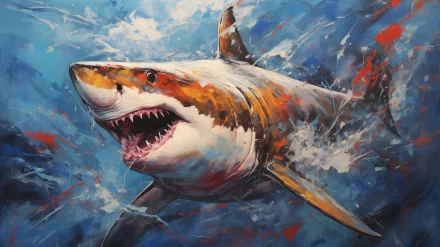 HD desktop wallpaper featuring an artistic rendition of a great white shark with a vibrant, dynamic background.