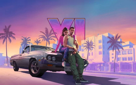 4K Ultra HD Grand Theft Auto VI PC wallpaper featuring two characters leaning against a classic car with palm trees and neon-lit buildings at sunset.