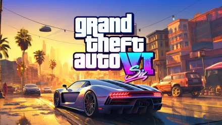 HD desktop wallpaper featuring Grand Theft Auto VI with a sleek sports car on a vibrant city street.