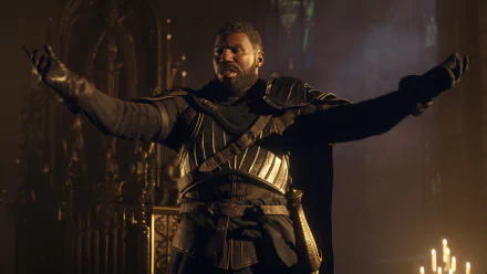 HD desktop wallpaper featuring a knight from Dragon's Dogma 2 standing confidently in a candlelit cathedral.