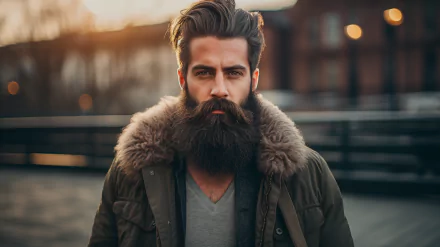 Bearded man in stylish winter attire posing for a high-definition desktop wallpaper.