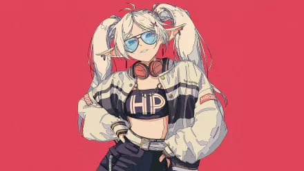 Anime-style illustration of a confident character with blonde twin-tails, sunglasses, and headphones, featured as a 4K Ultra HD PC desktop wallpaper for Frieren: Beyond Journey's End.