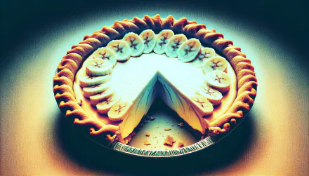 A visually striking HD wallpaper featuring a banana cream pie, beautifully garnished with sliced bananas and a golden crust, showcasing a slice removed for a tempting presentation.