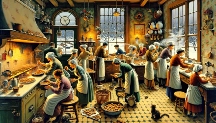 HD desktop wallpaper showing a bustling vintage kitchen scene with multiple people engaged in cookie baking.
