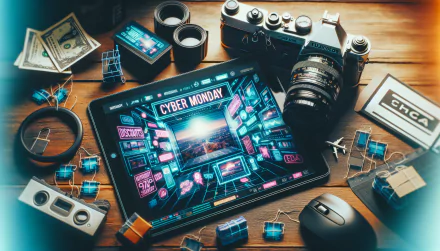 High-definition desktop wallpaper featuring a Cyber Monday theme with vibrant graphics on a tablet surrounded by photography equipment and electronics on a wooden surface.