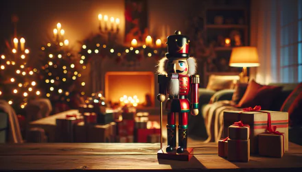 HD desktop wallpaper featuring a traditional nutcracker figurine with a festive Christmas background, complete with twinkling tree lights and wrapped gifts.