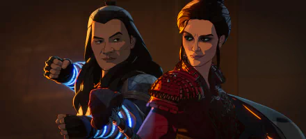 Dynamic HD wallpaper featuring characters from the TV show What If..., showcasing their fierce expressions and ready stances in a vibrant animated style.