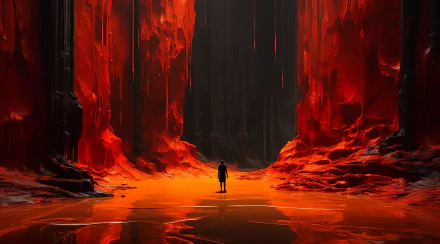 HD PC desktop wallpaper depicting a lone figure standing in a fiery, cavernous landscape inspired by the Dark Ages, created with AI art techniques.
