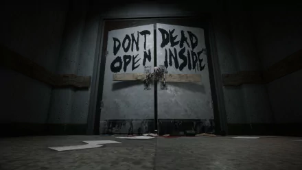 HD wallpaper featuring a chilling scene from The Walking Dead: Destinies game with the iconic Don't Open, Dead Inside door.