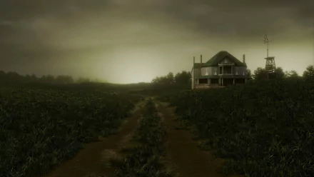 A haunting landscape from the video game The Walking Dead: Destinies, featuring a solitary house amidst a dark, overcast sky and a winding dirt path through overgrown fields.