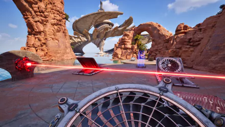 HD wallpaper featuring a scene from The Talos Principle 2 video game with intricate puzzles and stunning rock formations under a clear blue sky.