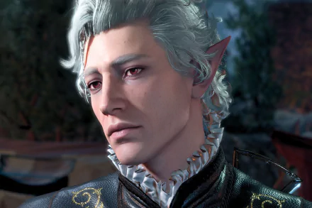 High-definition desktop wallpaper featuring Astarion, a character from the video game Baldur's Gate 3, with detailed visuals highlighting his elven features and intricate attire.