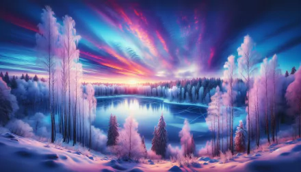 HD winter landscape desktop wallpaper featuring a stunning sunrise over a frosty forest and a serene lake with a vibrant sky.