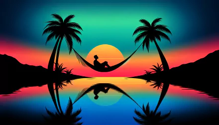 HD wallpaper of a peaceful sunset with silhouette of person relaxing in a hammock between palm trees, with a calm water reflection.