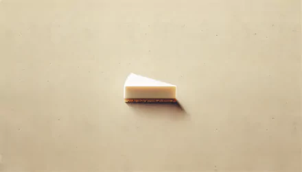 A slice of creamy cheesecake with a golden crust, set against a minimalist background, creating an inviting and delicious HD desktop wallpaper.