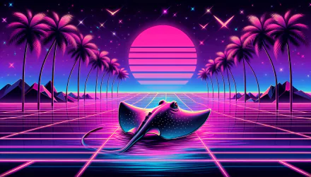 HD wallpaper with a vibrant retro-futuristic theme featuring a stylized stingray against a neon grid landscape, palm trees, and a large pink sunset.