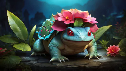 A vibrant HD desktop wallpaper featuring Venusaur, a Pokémon, resting among lush greenery with colorful flowers atop its shell, set against a mystical blue backdrop.