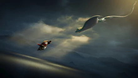 HD Kung Fu Panda 4 desktop wallpaper featuring character soaring in the sky with a mystical dragon.