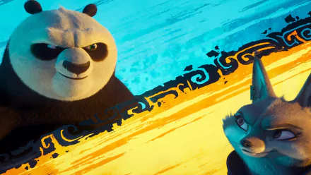 HD desktop wallpaper featuring characters from Kung Fu Panda 4, with a smiling panda and a sly-looking fox against a vibrant blue and yellow background.