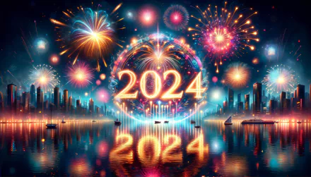 HD wallpaper of a vibrant 2024 New Year celebration with fireworks over a city skyline reflected in water for desktop background.