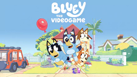 HD desktop wallpaper featuring characters from Bluey: The Videogame, with a sunny suburban backdrop.