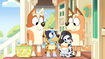 HD wallpaper of Bluey cartoon characters with family standing in front of their house for desktop background.