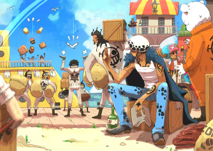 HD PC desktop wallpaper featuring vibrant anime-style characters from One Piece in a lively, colorful port town setting.