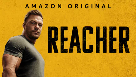 HD PC desktop wallpaper featuring a muscular man against a textured yellow background, with bold black text reading REACHER and AMAZON ORIGINAL above.