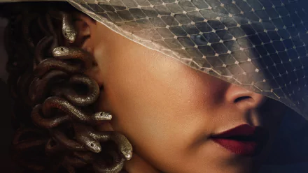 Close-up of a woman wearing a stylish hat, with serpents entwined in her hair, inspired by the TV show Percy Jackson and the Olympians. A striking HD wallpaper.