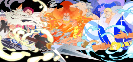 Vibrant 4K Ultra HD anime wallpaper featuring fierce One Piece characters in dynamic action poses with fiery and icy effects on a high-energy background.