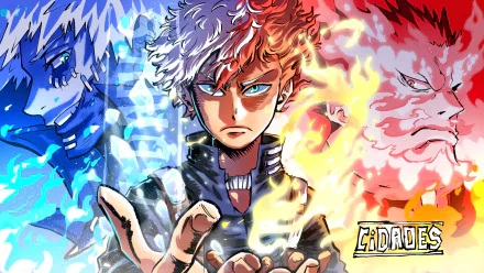 4K Ultra HD anime wallpaper featuring Dabi, Shoto Todoroki, and Endeavor from My Hero Academia with vibrant blue and fiery red flames.