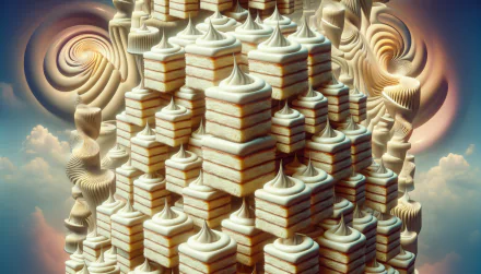 HD desktop wallpaper featuring an abstract design of vanilla cake layers with whipped cream, set against a surreal sky background.