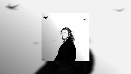 4K Ultra HD manga-style portrait of Miyamoto Musashi from Vagabond, depicting the samurai in a striking black and white composition with birds in the background.