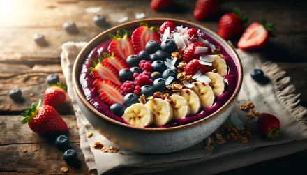 A vibrant HD desktop wallpaper featuring a fresh acai bowl topped with sliced strawberries, bananas, blueberries, and granola, set on a rustic wooden surface with scattered berries.