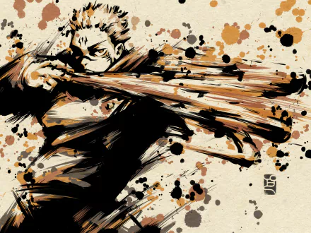 Sukuna from Jujutsu Kaisen strikes a dynamic pose in this vibrant 8K Ultra HD anime wallpaper, adorned with expressive splashes of color.