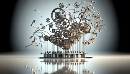 HD desktop wallpaper featuring a 3D abstract design of floating mechanical gears and clock parts with reflective surface.