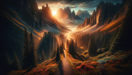 HD wallpaper of a breathtaking hiking trail winding through majestic mountains with a sunlit valley backdrop.