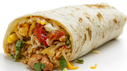 An appetizing burrito filled with colorful ingredients, wrapped in a warm tortilla, featured as a vibrant HD desktop wallpaper and background.