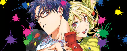Anime couple with engagement ring, colorful splatter background - HD MarriageToxin themed desktop wallpaper