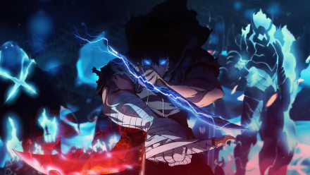 HD Anime Wallpaper featuring a dynamic image of Sung Jin-Woo from Solo Leveling surrounded by mystical blue lightning and ethereal flames.
