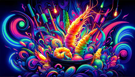 Colorful artistic illustration of tempura as a vibrant HD desktop wallpaper featuring stylized prawns and vegetables in an abstract background.