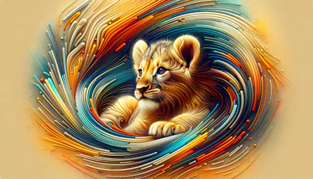 A vibrant HD wallpaper featuring a charming lion cub surrounded by a dynamic swirl of colorful patterns, showcasing the beauty and playfulness of wildlife.