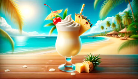 A vibrant HD wallpaper featuring a refreshing Pina Colada, adorned with a cherry and pineapple, set against a serene beach landscape under a sunny sky.