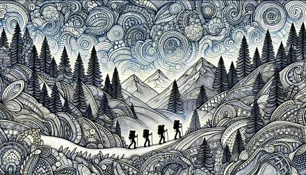 Artistic HD desktop wallpaper featuring silhouetted backpackers trekking through a mesmerizing, doodle-style mountainous landscape with intricate sky patterns.