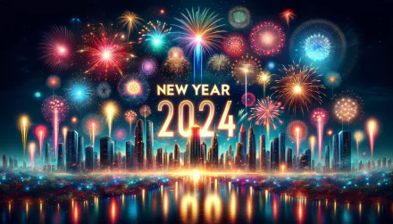 HD wallpaper of a vibrant New Year 2024 celebration with colorful fireworks over a cityscape reflected in water.