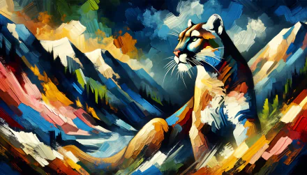 HD desktop wallpaper featuring an artistic illustration of a cougar in a colorful mountain landscape.