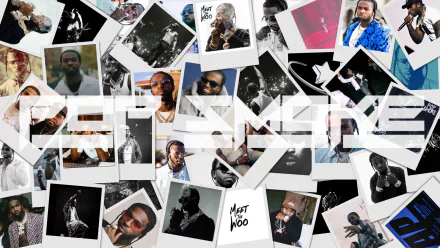 HD desktop wallpaper collage of portrait and Polaroid shots of a late drill rapper, layered with bold white typography and repeated Woo motifs across the background.