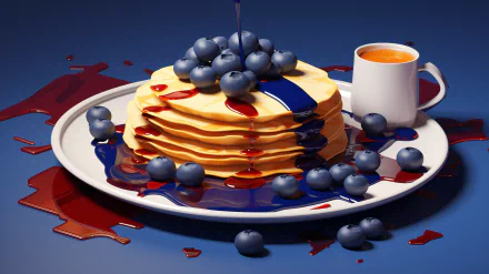 A vibrant HD wallpaper featuring a stack of blueberry pancakes drizzled with syrup, topped with fresh blueberries, accompanied by a cup on a colorful plate.